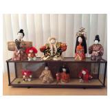 Pks043 - Collection of Nine Oriental Dolls in Period Costumes w/Glass Case