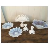 Pks049 Vintage Opalescent & Milk Glass Console Bowls & Candlesticks Beautiful!