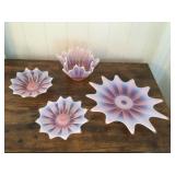 Pks057 Vintage Pink Opalescent Glassware Console Bowl, Candle Holders, Ruffled Bowl Beautiful!