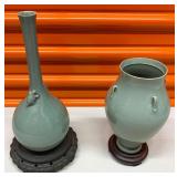PST047 - Pair of Exquisite Vintage Korean Celadon Pottery - 11" Bud Vase w/Turtles & 8" Vessel