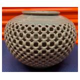 PST075 - Large Exquisite Antique Korean Celadon Glazed Basket Weave Vase Reticulated Cranes Signed