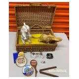 PST094 - Basket of Knickknacks - Porcelain, Stone Elephants, Hummel, Roger & Gallet Paris Limoges