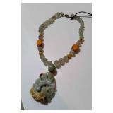 IML762 - Myrna Lee Grey Blue Carved Jade Pendant w/Beaded Necklace - See Photos