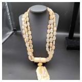 IML763 - Three-Strand Quartz Beads w/Jade Pendant Natural Honey Yellow