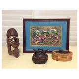 Afm121 Ethnic Carved Statue, Wooden Trinket Boxes & Framed Painting 