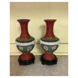Kve011 Exquisite Pair of 9.25" Cloisonné & Cinnabar Vases w/Wood Stands
