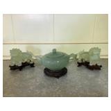 Kve041 Beautiful Jade? Pair of Foo Dogs & Teapot
