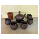 Kve048 Chinese Brown Clay Tea Set w/Etched Floral Design