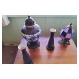 KVE054 - Vintage KPM Royal Porzellan Blue Vases & Lidded Ginger Vase & Tiffany Style Lamp