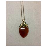 Kve101 14k Gold Dark Orange & Green Jade Pendant w/ 14k Gold Necklace