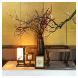 AWP055 - Small Ornate Wood Table, Lamp & More