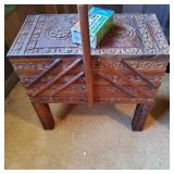 AWP061 - Vintage Unique Expanding Carved Wood Sewing Organizer & Sewing Supplies