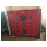 AWP063 - Wood Red Lacquer Oriental Style Cabinet w/Brass Tone Metal Fixtures