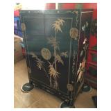 AWP071 - Oriental Style Black Lacquered Wood Cabinet - Hand Painted