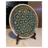AWP102- Vintage Exotic Middle Eastern? Mosaic Style Painted Ceramic Plate w/Stand
