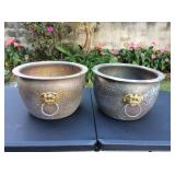 Mms143 Two Metal Copper Looking Foo Dog Planter Pots