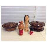 Mms159 Rare Chrysanthemum Wood Bowls & Kokeshi Dools