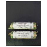 MSS050 - 2 ROLLS OF PRE-1965 SILVER DIMES 