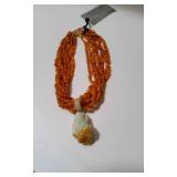 MSS214 - Myrna Lee Change Eight-Strand Amber Chips Necklace w/Jade Pendant