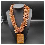 MSS217 - Quan Yin Peace & Tranquility Carved Ox Horn Pendant w/4-Strand F.W. Pearls