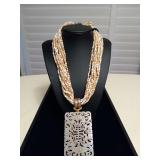 MSS218 - Myrna Lee Chang 12-Strand Crystal Beads Necklace w/White Jade Pendant