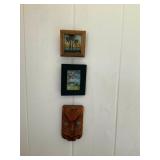 This lot contains a 3.5" x 3.5" framed picture of coconut trees at sunset, a 3.75" x 4.75" framed sc