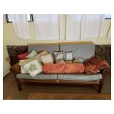 KKE088 - VINTAGE WICKER AND WOODEN CUSHIONED SOFA
