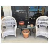 BPB030 Wicker Patio Rocking Chairs, Planters & Glass-top End Tables