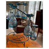 PHP062 Blue Hand Blown Wine Glass With Wrought Iron Stand