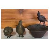 AFC018-Pair Of Vintage Brass (?) Quail Figurines & Copper (?) Vessel with Perching Bird 