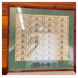 AFC028 Framed Uncut Sheet Of US One Dollar Bills Department of the Treasury 