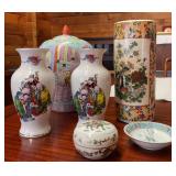 AFC052- Antique Trinket Box & Dish, Oriental Porcelain Vases & Porcelain Ginger Jar w/Lid