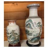 AFC064- Pair of Vintage Painted Porcelain Oriental Vase w/Wood Stands