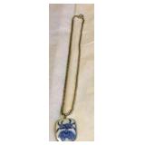 AFC113 - Antique Porcelain Fu Bat (Happiness) & Loquats Pendant & Beaded Sterling Chain