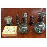 AFC155-Mystery Lot Of Figurines, Glass Fishing Floats, Onyx/Absidian Figurines & More