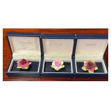 AFC165- Trio of Vintage Coalport Fine Bone China Flower Pins in Boxes