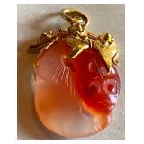 AFC193 Orange Carved Jade Fish Pendant
