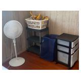 KKD002 Storage Cabinet, Floor Fan, Plastic Shelf, Hangers, And Laundry Bags