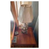 KKD083- Teak Table, Lamp, Random Table Thing, Coasters 