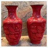 HKT031 Pair Of Chinese Red Cinnabar Vases