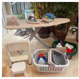 HKT087- Huge Cleaning & Laundry Lot - Ironing Board, Stool, Rags, Supplies & More