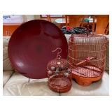HKT182- Bamboo Dish, Two Bird Cages 