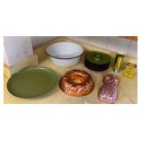 VME192 Copper Toned Molds, Vintage Mustard Tin, Large Enameled Bowl & More!
