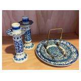 MBW060- Pair Of Vintage Ceramic Candlesticks & Plate Made in England "Liberty Blue"