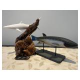 WST029-John Perry Shark Sculpture With Burlwood Base & Decorative Fish