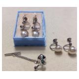 KDT228 14K Pearl Earrings, Costume Jewelry Earrings & Tie Pin 