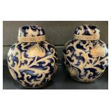 MKM053 - Vintage Blue And Gold Chinese Ginger Jars w/Lids