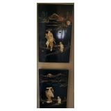 MKM062 Two-Piece Vintage Black Laquered Wood Oriental Shell Art Pictures