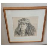 MKM086 Framed Cissy Gray Woman w/Haku Lei Pencil Artwork