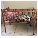 MKM163- Vintage Wooden Doll Crib With Wheels